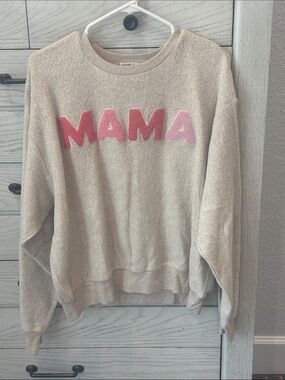 PJ Salvage Beige Crewneck Sweatshirt with Pink 'MAMA' Applique